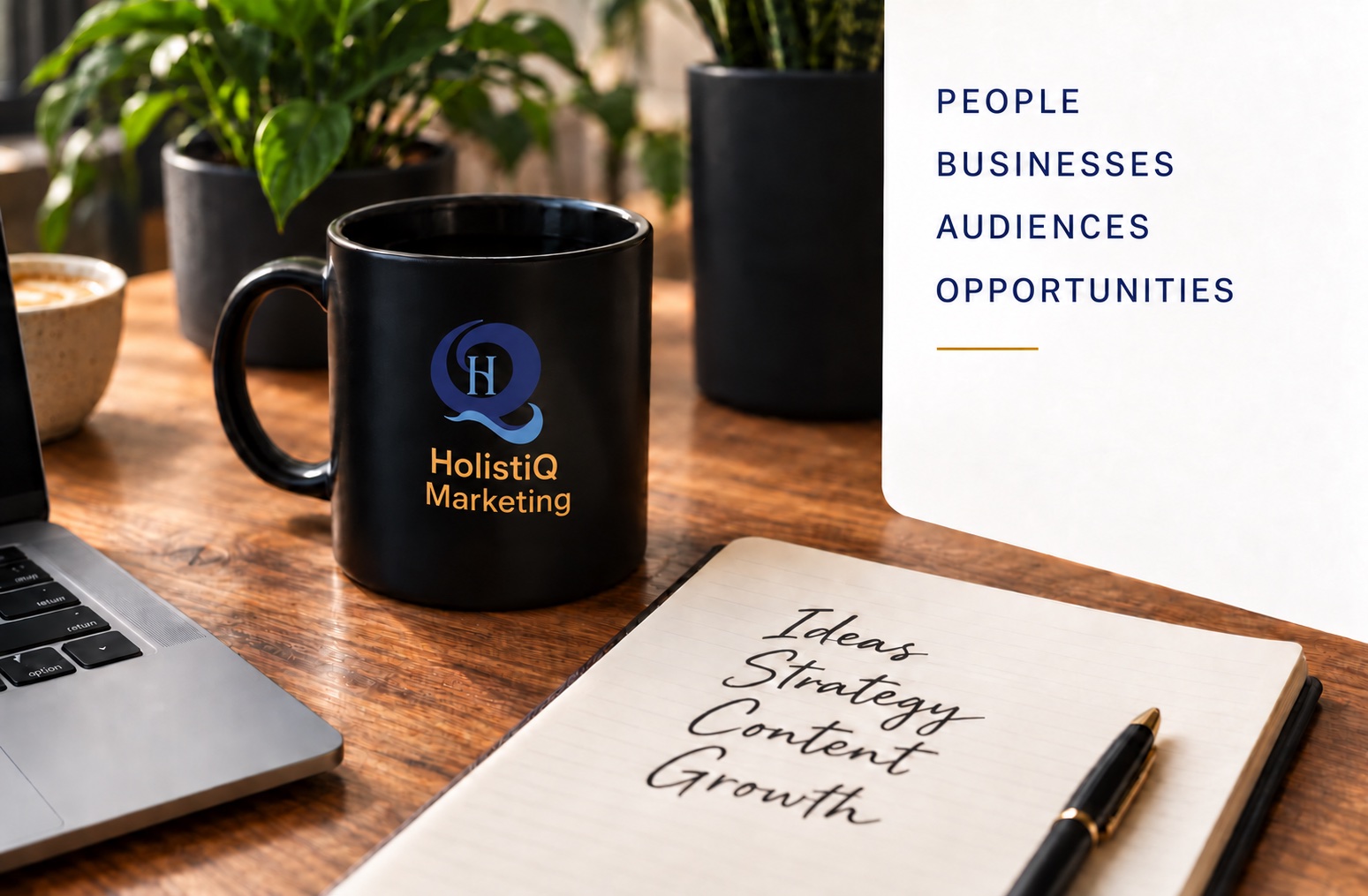 A working desk with a laptop, notes and a HolistiQ bottle