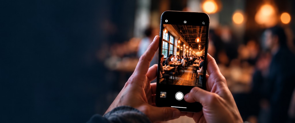 Hands holding a phone, photographing a busy restaurant