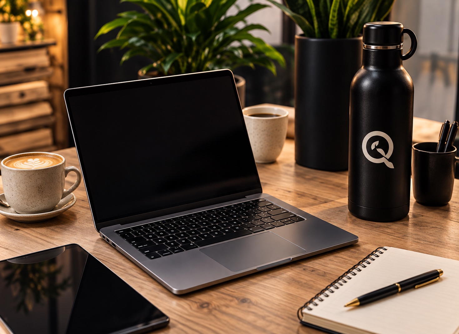 A desk with a laptop, notebook and a HolistiQ water bottle