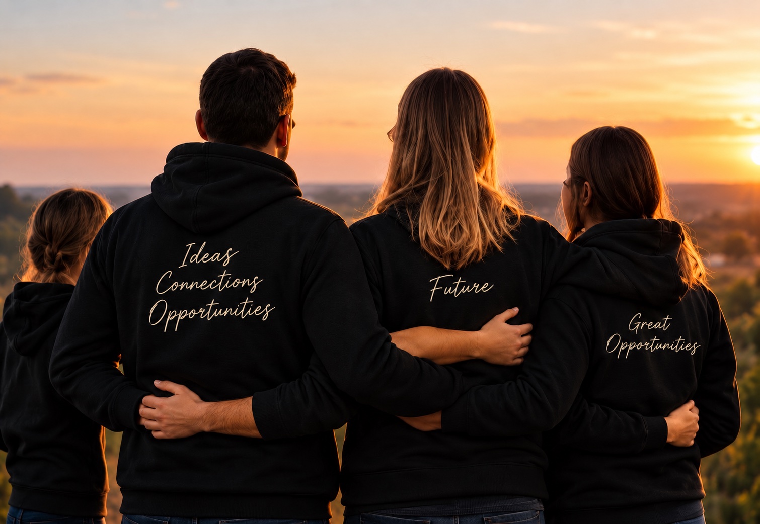 The team from behind, wearing hoodies that read Ideas, Connections, Opportunities