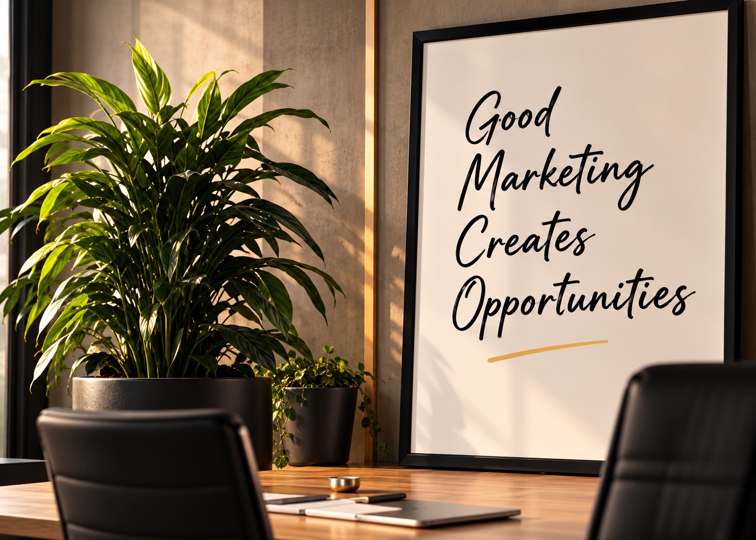A framed print on an office wall that reads Good Marketing Creates Opportunities