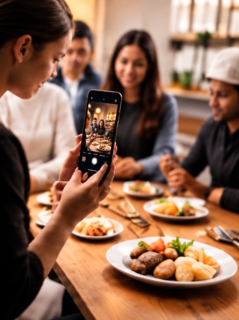 Friends sharing a meal while one person photographs the table