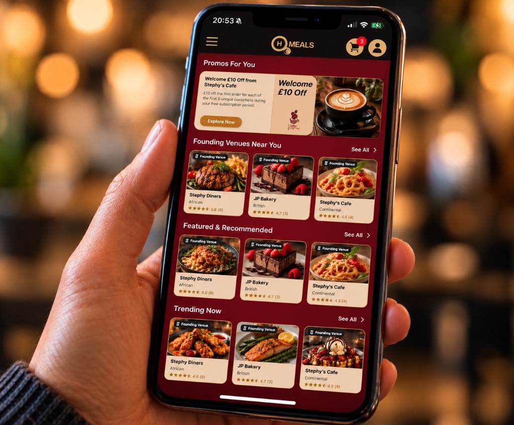 A phone showing the HolistiQ Meals app, with local venues and offers